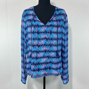 Decree Sheer Abstract Long Sleeve Blouse Size L Women’s Blue / Purple Geometric